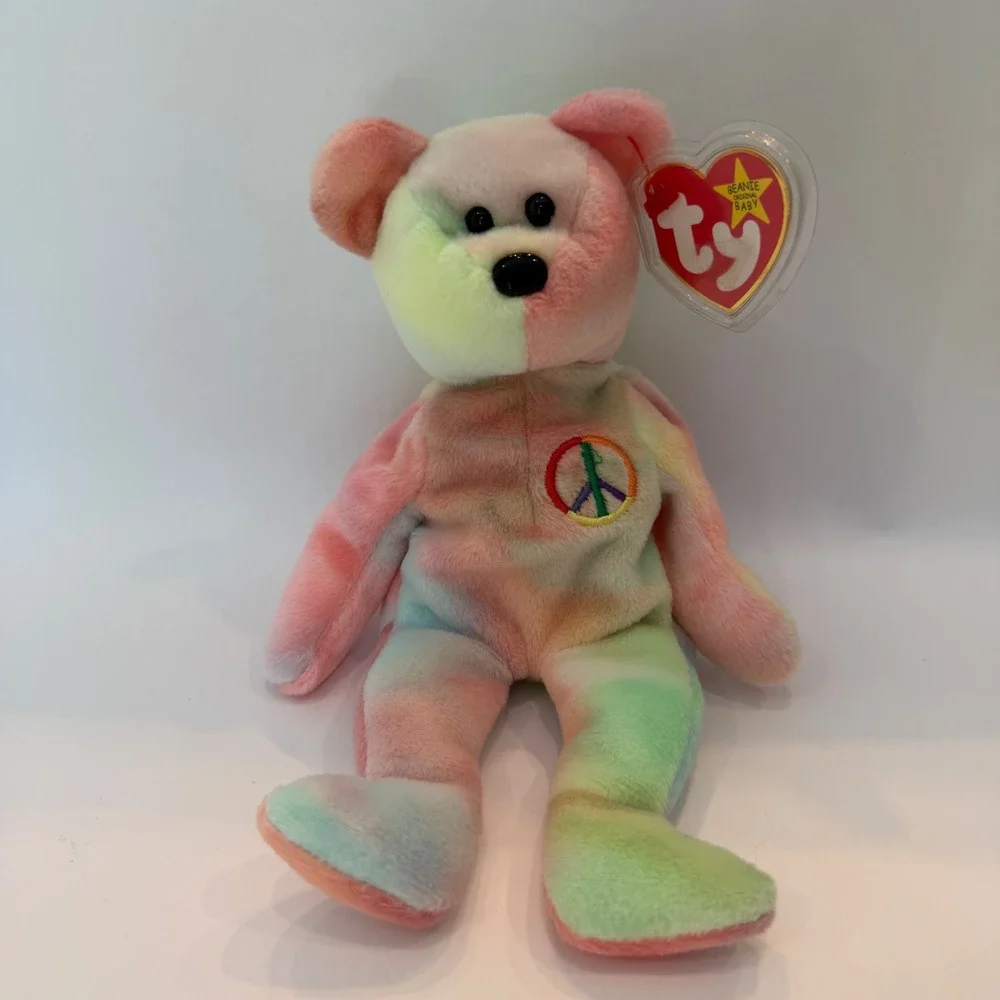 Ty Beanie Baby Peace the Bear 1996 Tie Dye Pastel Rainbow Plush with Tags 4053